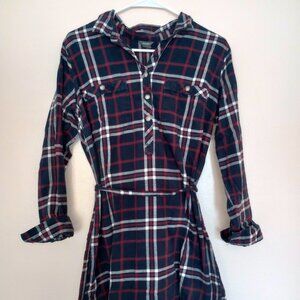 Eddie Bauer Navy Plaid Flannel Shirt Dress, Size 12